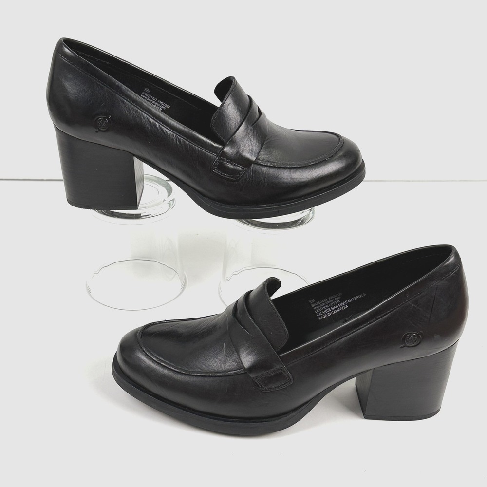 Born Platform Chunky Penny Loafer Heel Shoes Women US 9 Black Leather Slip On